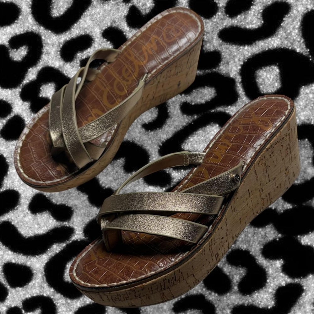 Sam Edelman Women's Brown and Gold Strappy Cork Wedge Platform Sandals